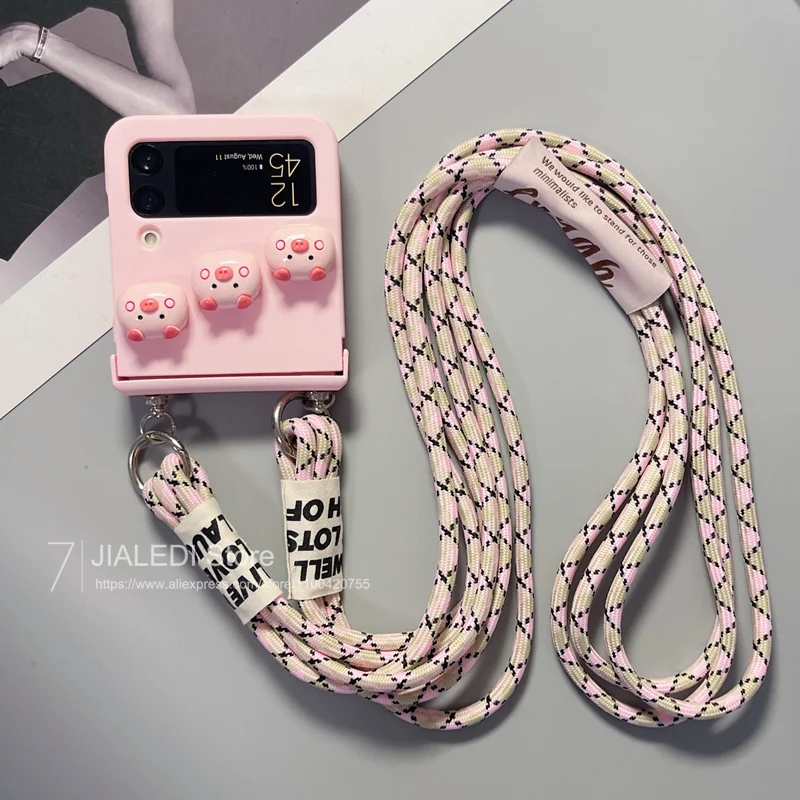 Crossbody Lanyard Cute Pink Hinger Phone case For Samsung Galaxy Z Flip 3 4 5 6 flip6 zflip5 Cover