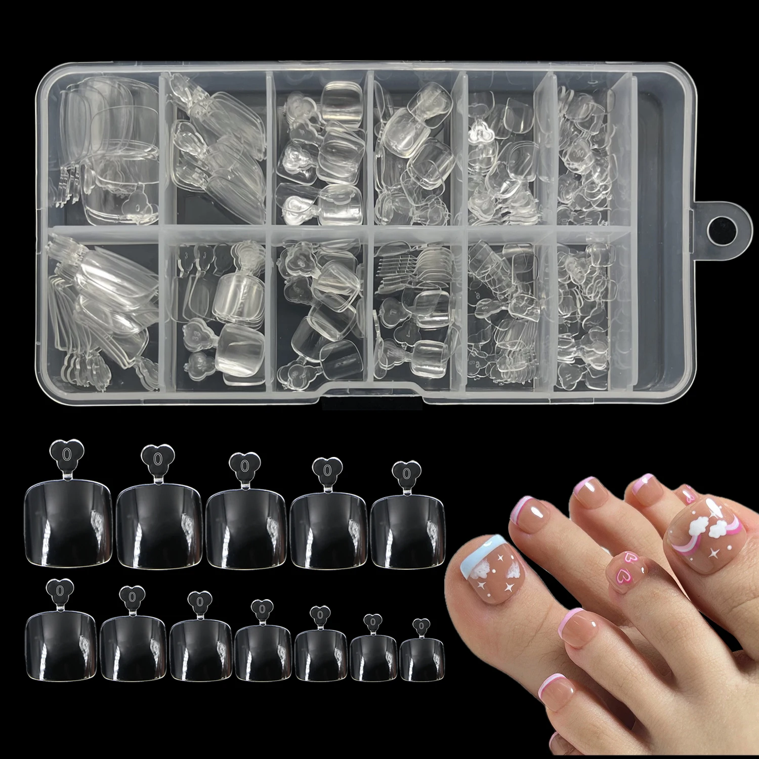 240pcs Clear Full Cover Toesnail Tips for Acrylic Nails Extension 12 Sizes Short Square Fake Toe Nails Press on For Girl Women