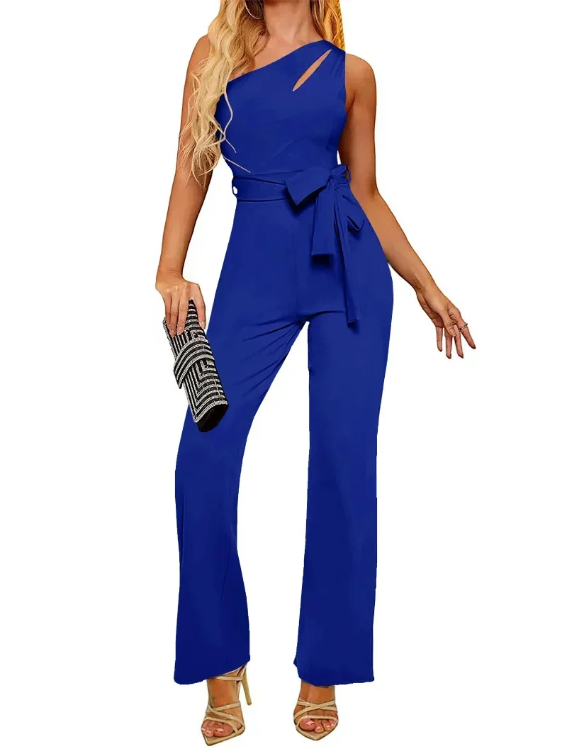 2022 New Elegant Slim Fit One Shoulder Asymmetric Solid Color Women's Bodysuit Sleeveless Hollow High Grade Women's Wear