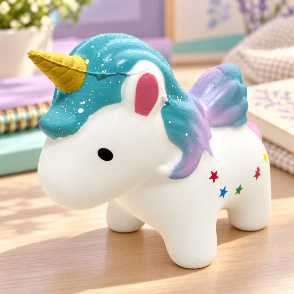Galaxy Unicorn Squishy Toy Soft PU Slow Rising Foam White Pony Colorful Stars Gold Horn Squeeze Fidget Gift for Teens and Adults