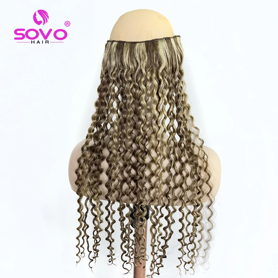 SOVO Invisible Wire Clip Na Extensão Do Cabelo Humano Secreto Peixe Linha Peça De Cabelo Onda De Água Curly Remy Extensão Do Cabelo para As Mulheres