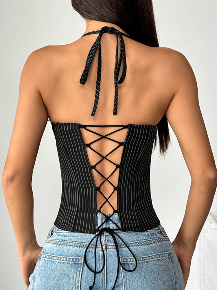 Top Corto Sexy a Rayas con Escote Pronunciado y Bloques de Color, Estilo Chica Picante, para Mujer, Estilo Informal para el T...