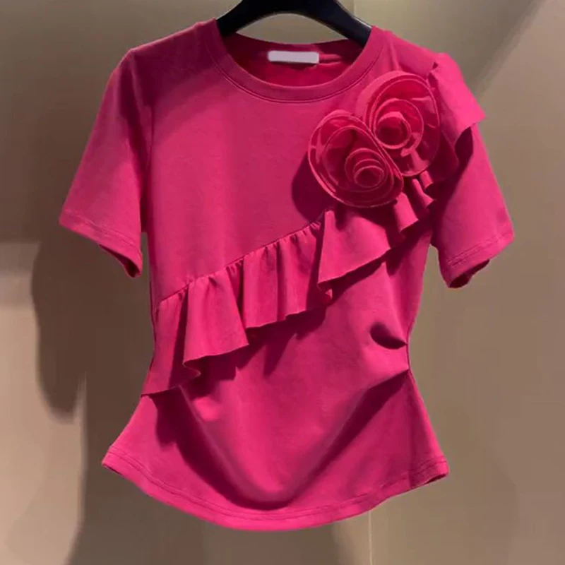 

Design Round neck short sleeved T-shirt for women, summer. Three dimensional flower splicing, ruffled edges, slimming top