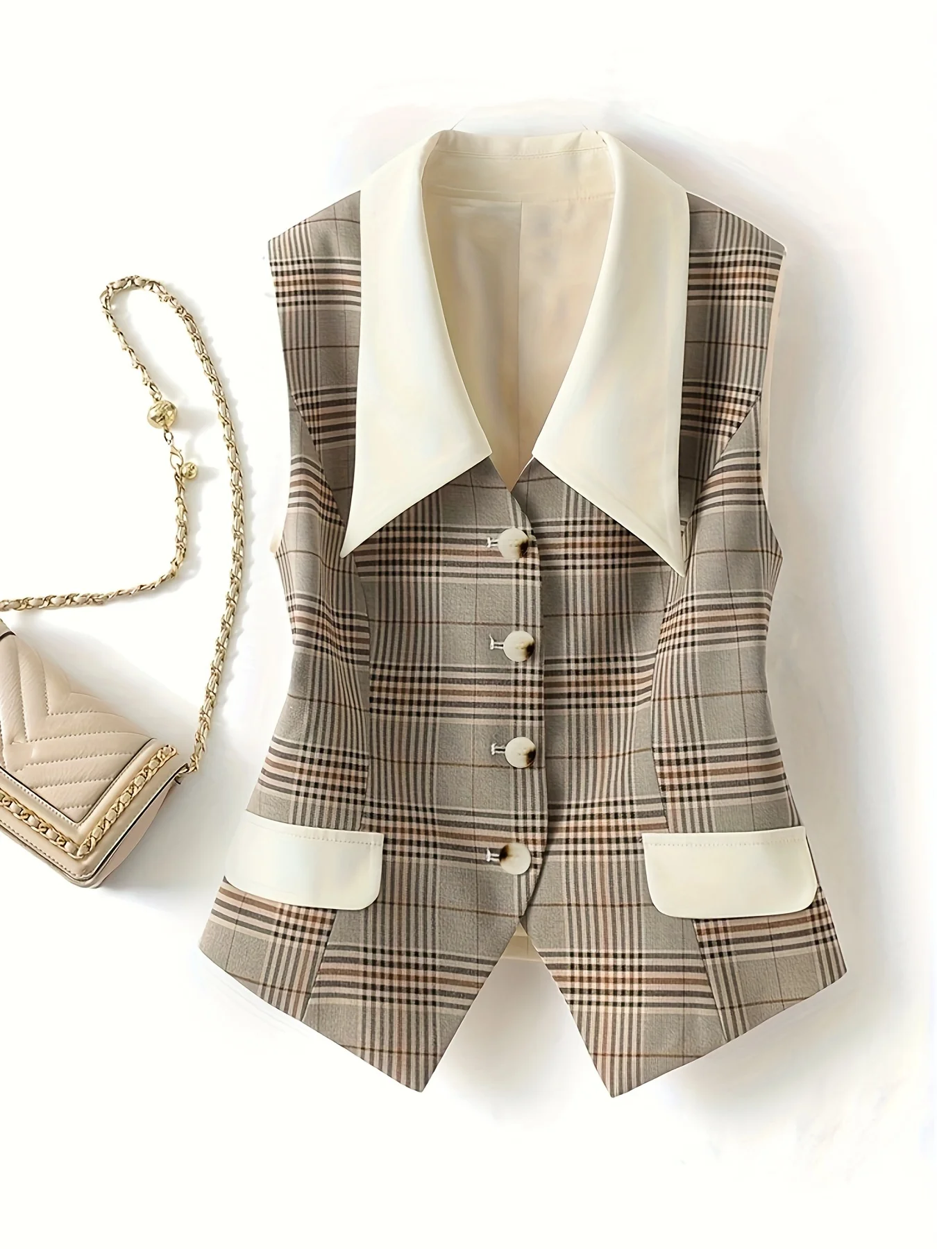 Spring and Summer New Color Matching Plaid Suit Waistcoat Fashion Casual Lapel Single Breasted Elegant Women Slim Waistcoat Vest