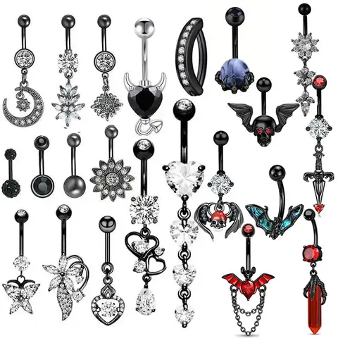 1PCS Black Skull Belly Button Rings Jewelry Stainless Steel Heart Navel Piercing Barbell Flower Belly Ring Cute Piercing Ombligo