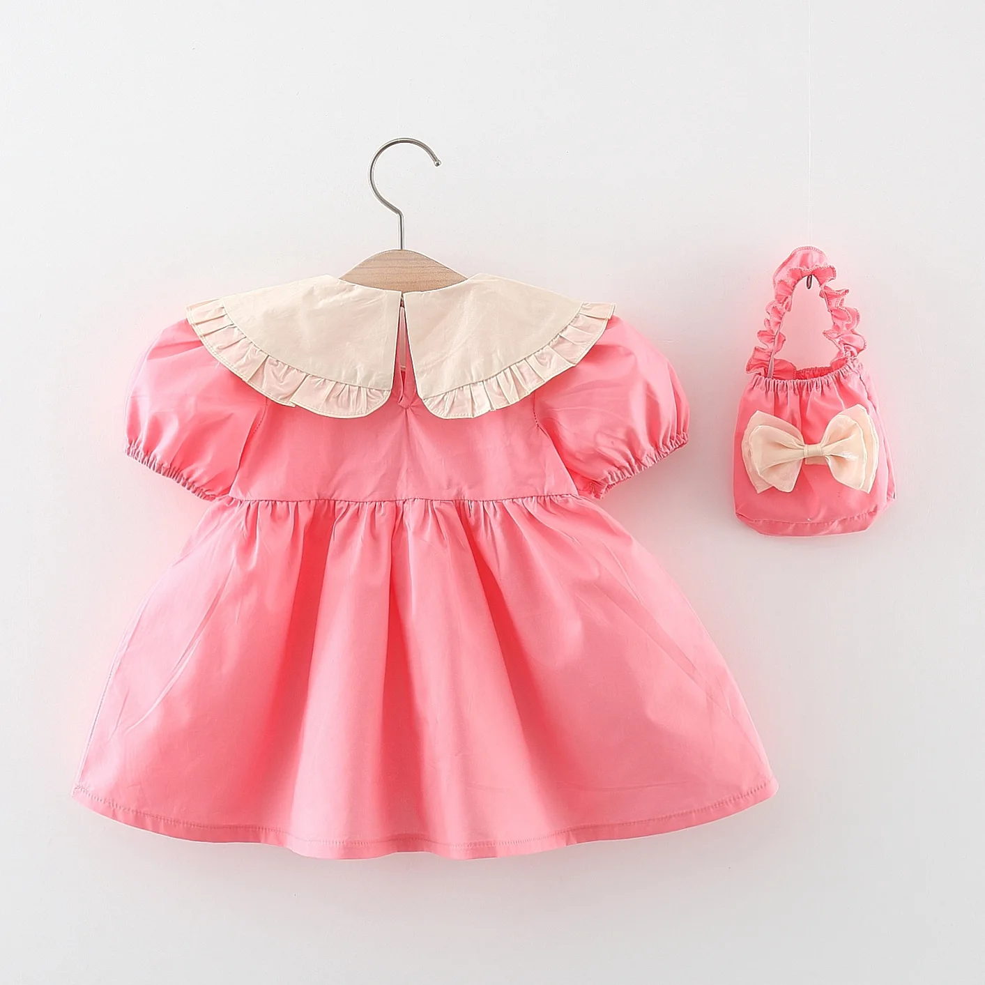 2Piece Summer Set Baby Girl Clothes Korean Cute Doll Collar Short Sleeve Cotton Princess Pink Dress+Bag Toddler Dresses BC514