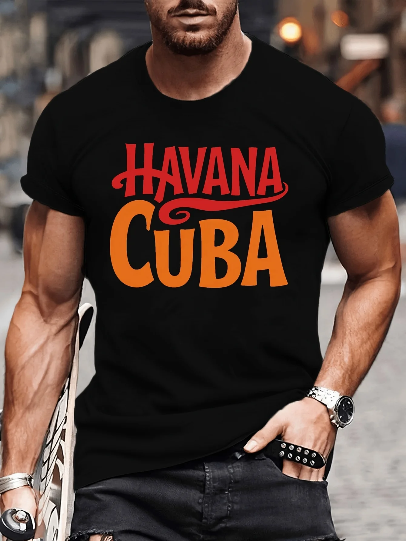 Men'S Plus Size T-Shirt from Localhavana CUBA - Featuring a Striking Red And Orange Cuban Graphic Design, This Short-Sleeve Roun