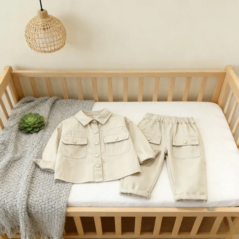

Boys Cotton Workwear Set Stylish Solid Color Two Piece Outfit Spring Autumn Clothes for Toddler Kids