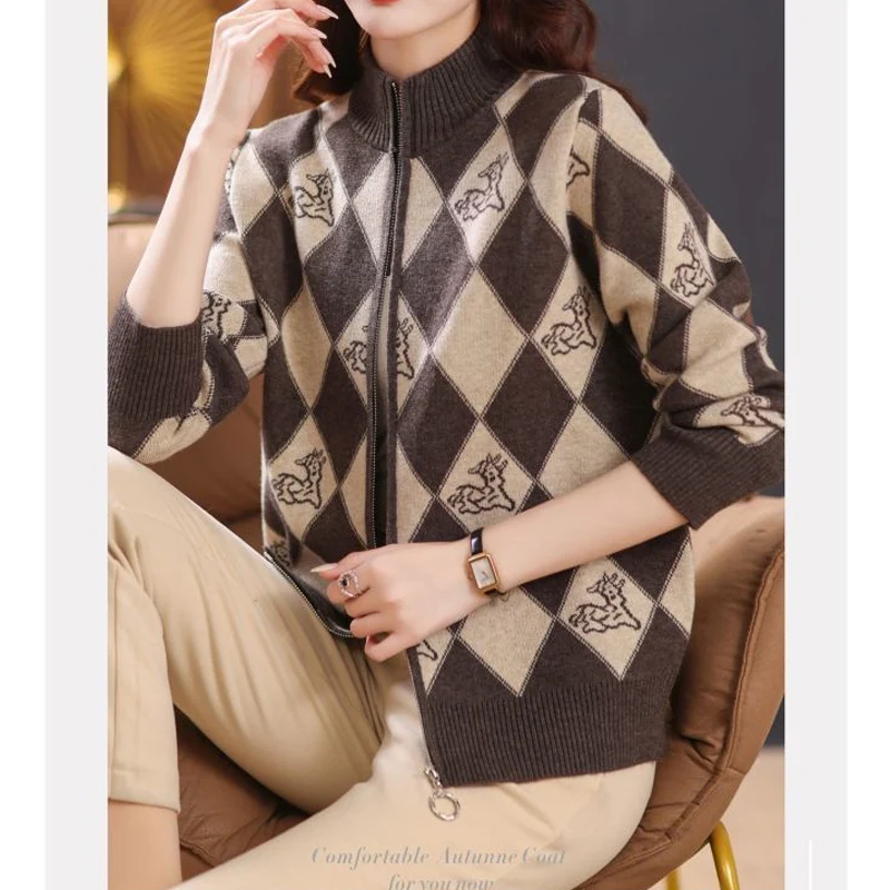 Spring Autumn New Zipper Patchwork Sweaters Cardigan Long Sleeve Contrast Short Tops Coat Elegant Temperament Women Clothing
