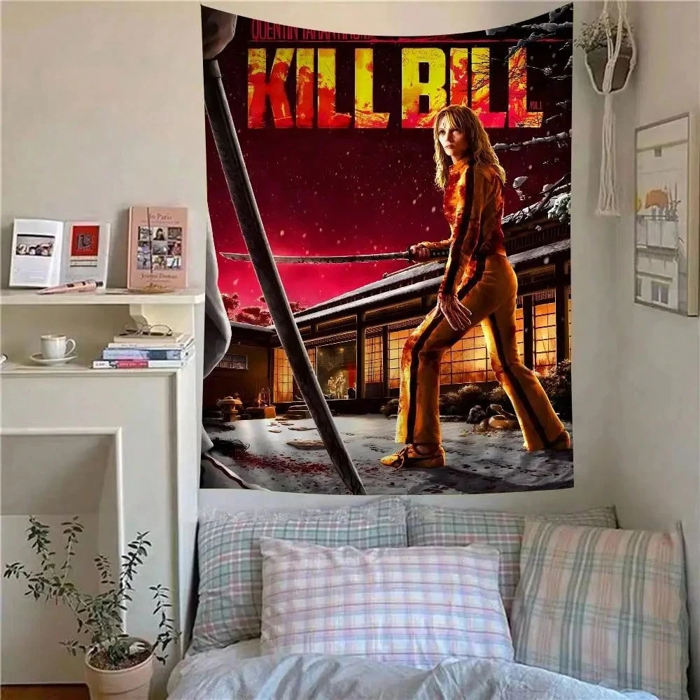 1pc Kill Bill Movie Poster Tapestry, Classic Revenge Film Yellow Warrior Katana Wall Hanging, Multiple Sizes, Bedroom Decor