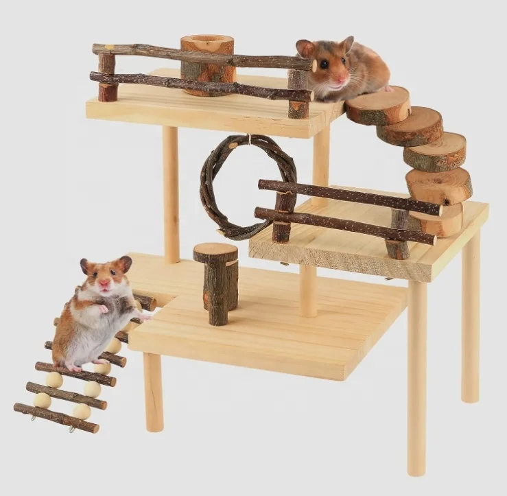 

Hamster Climbing Toys 3-Tier Extra Large Hamster Playground Natural Wooden Small Animal Platform Toys Hamster Exercise