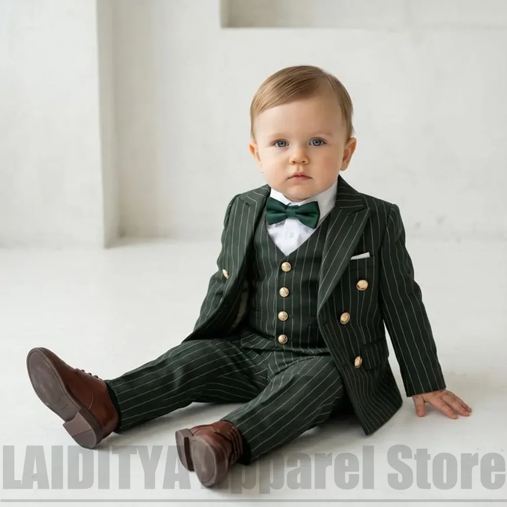 Chic Striped Boys Double Breasted Three Piece Suit Fashion Baby Page Boy Wedding Birthday Photoshoot Vintage Formal Outfit