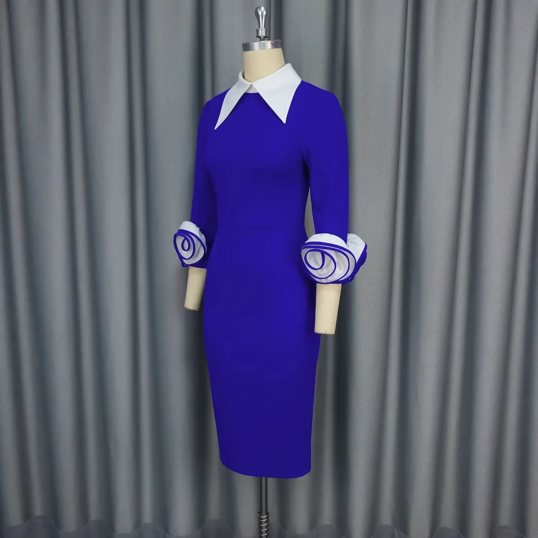 Am050125colorบล็อกTurn-Downคอยาวแขนยาวชุด3dดอกไม้พรรคBodycon Dress 2025 ฤดูร้อนชุดRobe Vestidoผู้หญิง