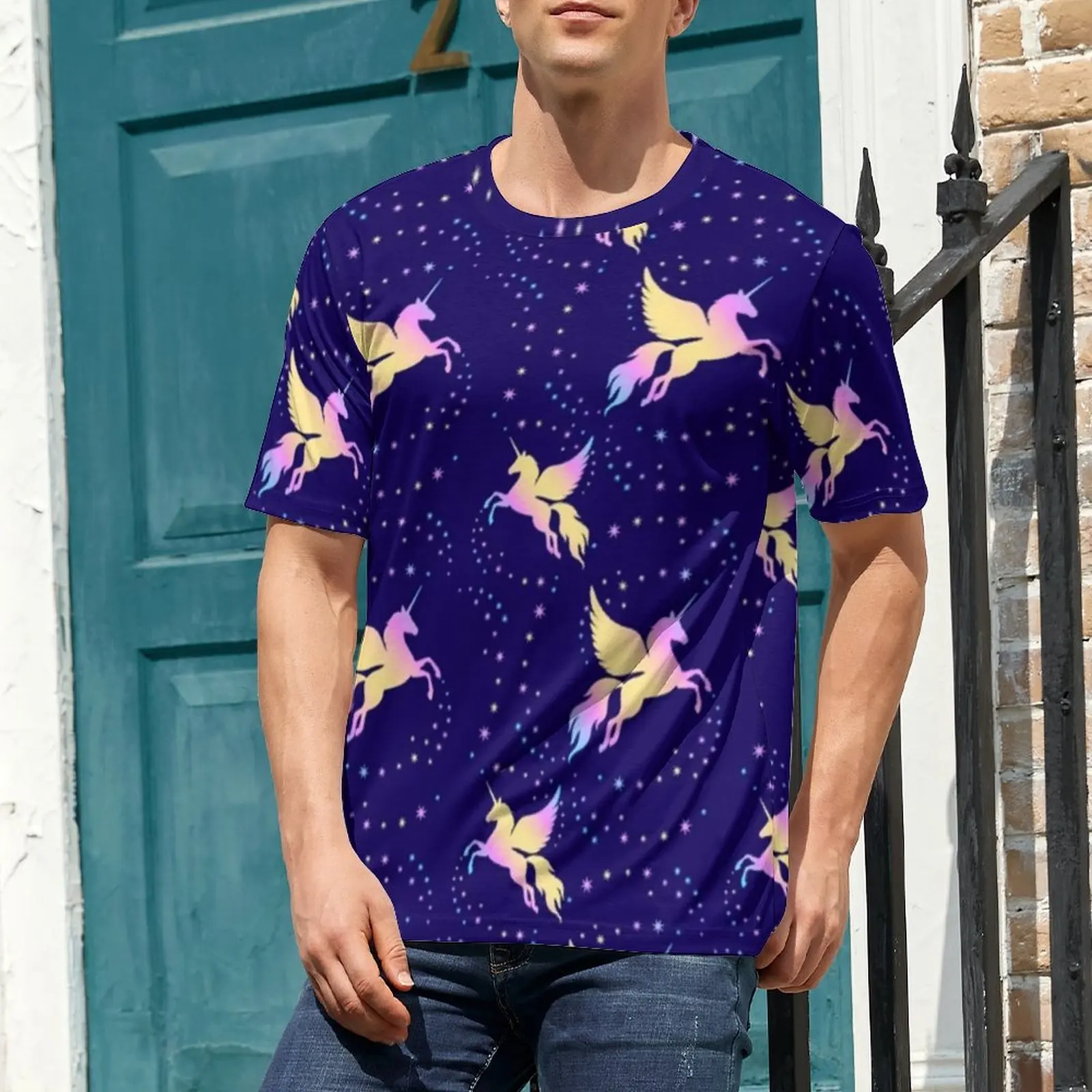 Man Flying Unicorn T-Shirt Starry Sky Print Cool T Shirts Short Sleeves Graphic Tshirt Cheap Summer Awesome Oversized Clothes