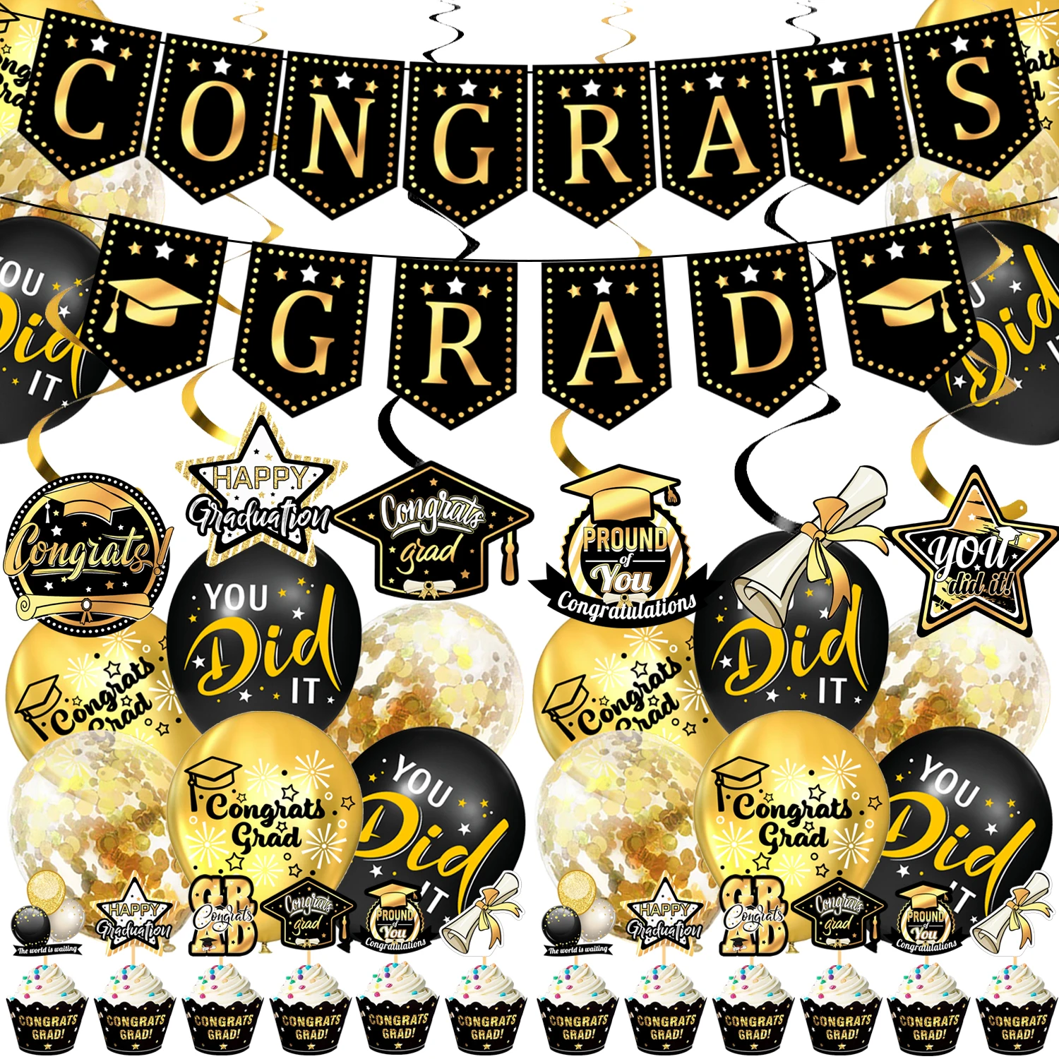 Kit de Decoración para Fiesta de Graduación 2026 con Pancarta de Felicitación, Espirales Colgantes y Accesorios para Fotomatón para Suministros de Fiesta de Graduación