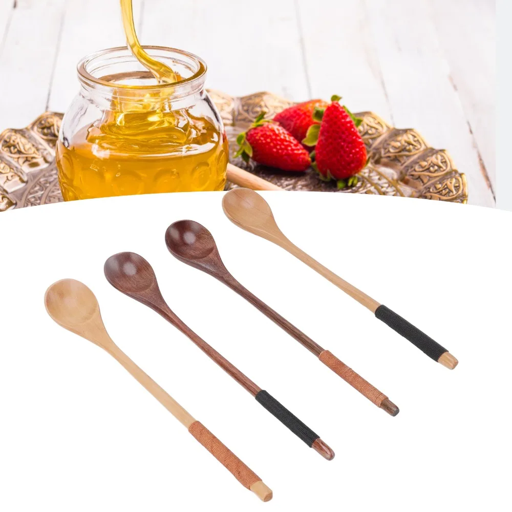 4Pcs Wood Main Body Coffee Spoon Smooth Polished Solid Tea Spoon Anti Slip Hand Grip Thread Wrapped Handle Utensil