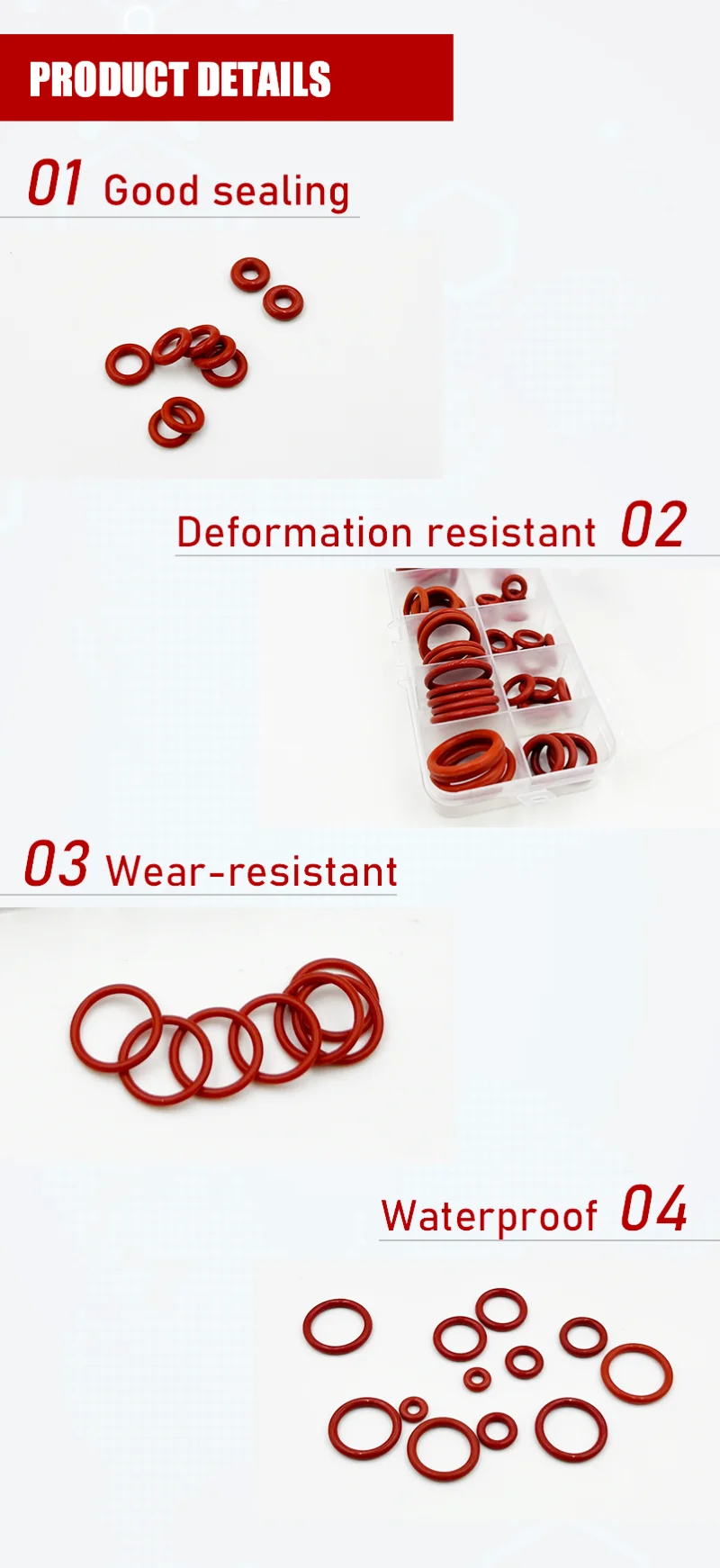 Rote Silikon-O-Ring-Dicke 1.5/2/2/3,1mm wasserdichtes, öl beständiges, hoch temperatur isoliertes VMQ-Dichtungsscheiben-Dichtungs-Kit – Detail 2