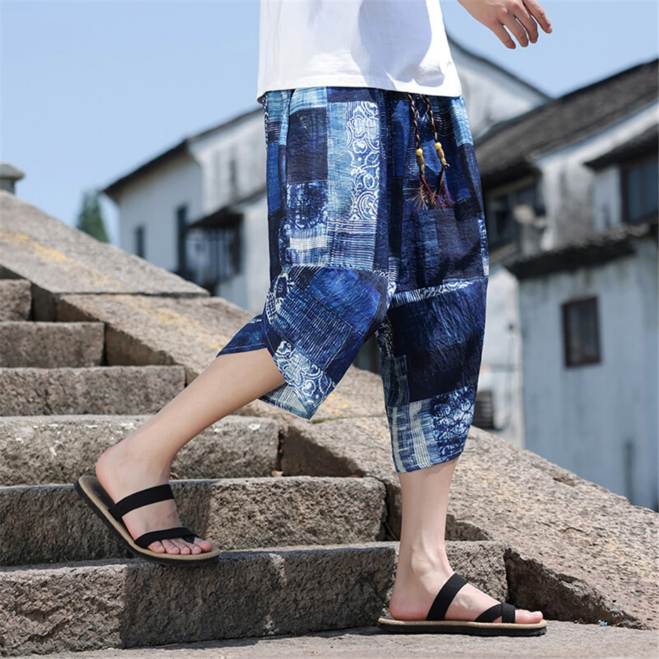 Large Size Harem Shorts Mens Summer Thin Vintage Print Casual Trousers Men Harajuku Chinese Style Baggy Calf Length Pants Male