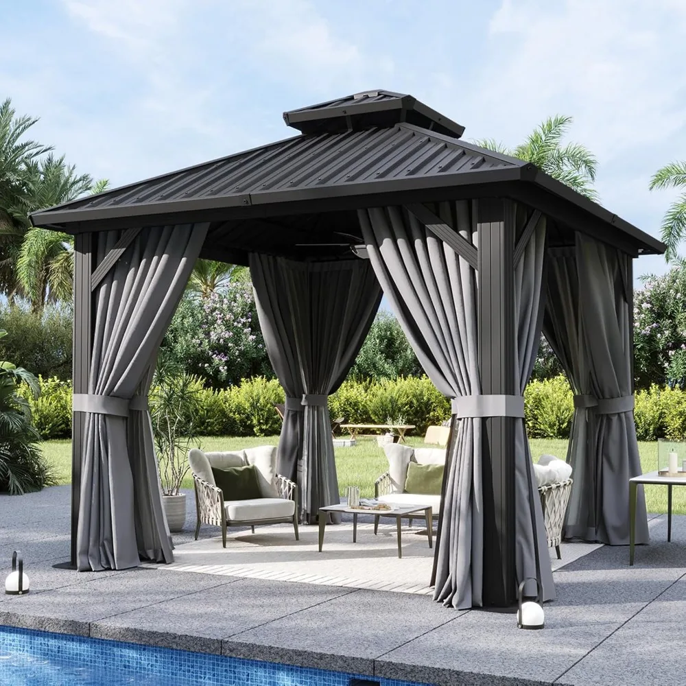 Gazebo rigide 10'x10', auvent à cadre en aluminium avec double toit en acier galvanisé, pavillon extérieur en métal avec filet, rideaux