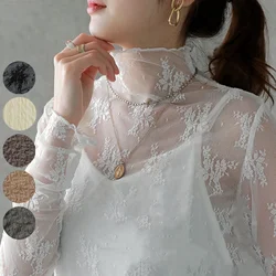 Women Half High Collar Lace Bottomed Blouse Spring And Autumn  Hollow Mesh Top Sexy Western-style Long Sleeve T-shirt Crop Top
