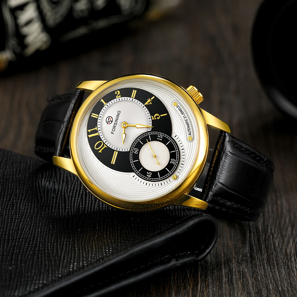 Fashion Forsining Top Brand Luxury Golden Case Creative Dial Man Mechanical Stylish Leather Self-winding Watch Relogio Masculino