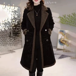 Add Velvet Padded Woolen Jacket Lady 2024 Autumn Winter New Slim Cover Belly Double-breasted Warm Lamb Plush Woolen Coat Woman