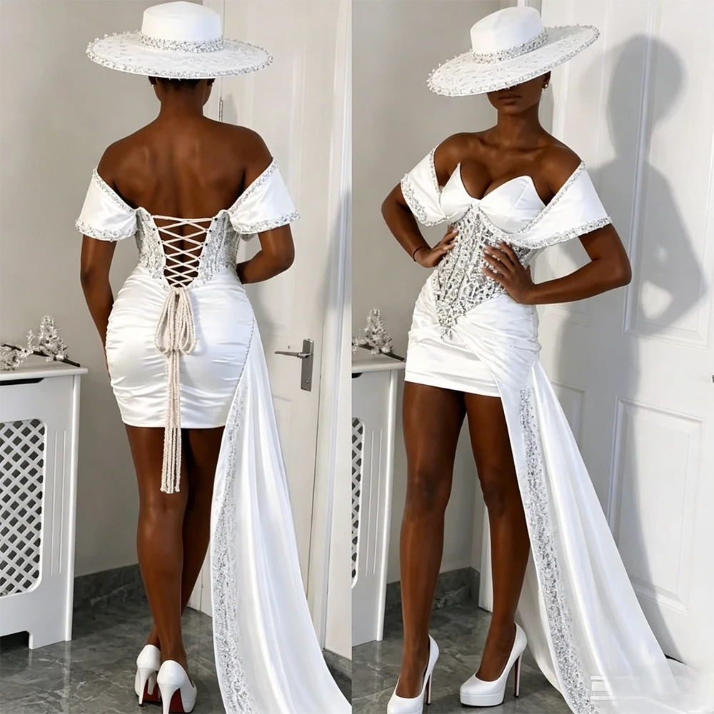 Modernes, maßgeschneidertes Cocktailkleid, kurzes Cocktailkleid, schulterfreies Partykleid, mit Perlen verziertes Ballkleid, Hochzeitskleid