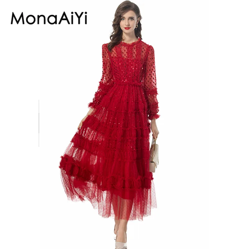 

MonaAiYi Elegant Ball Gown Dress Women's Mesh Sequins Lantern Sleeved High waist Stripe Design Autumn Dresses