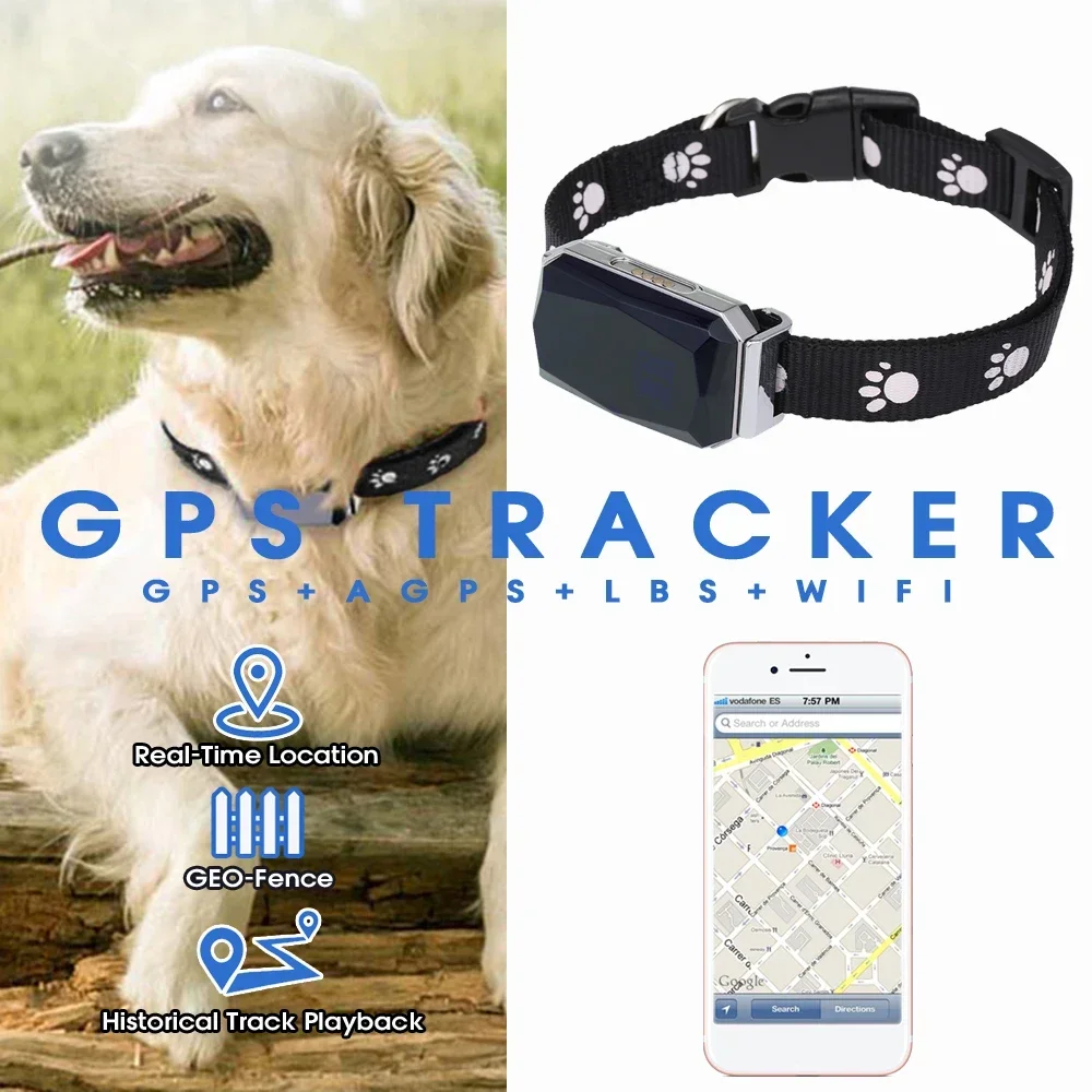 Smart Portable GPS Tracker Smart Pet Collar IP67 Waterproof AGPS Wifi LBS Lightweight Real Time Locator for Dogs Cats