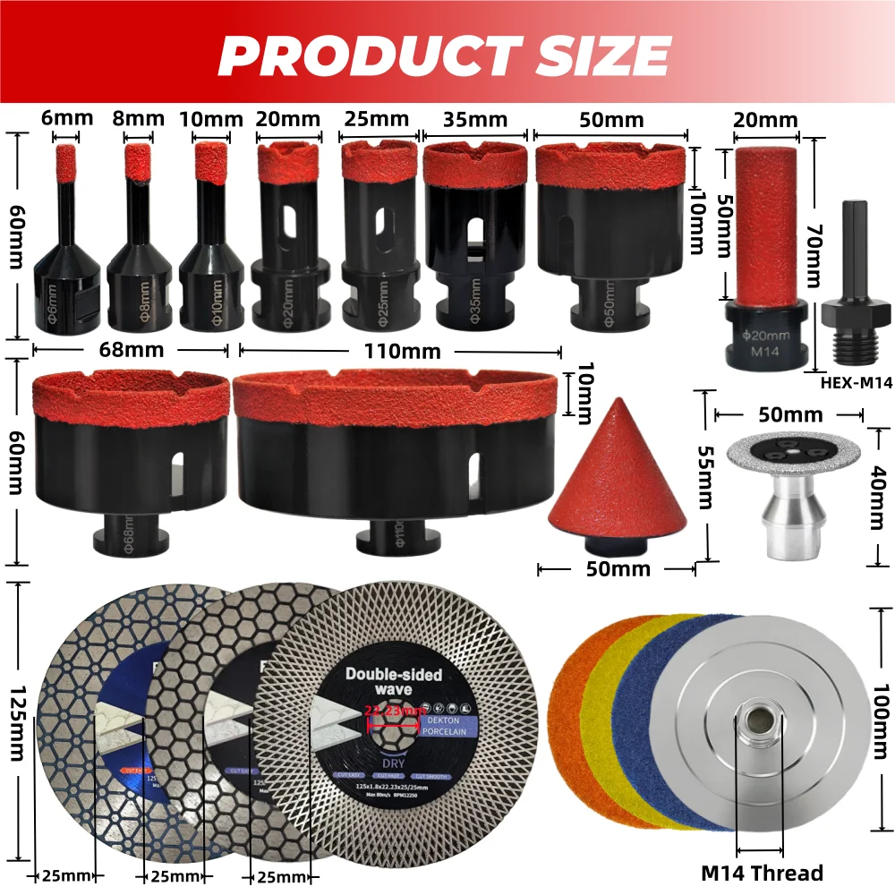 Brazed Diamond Dry Drill Bits Set M14 Thread Milling Bit Ceramic Tile Porcelain Granite Marble Cutting Hole Opener Tool 13/19Pcs