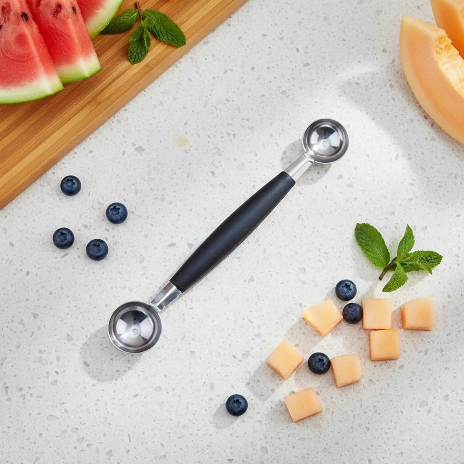 Double Head Scoop Stainless Steel Melon Baller Kitchen Tool for Fruit Platter Dessert Making with Two Size Spheres