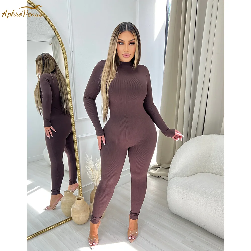 Tuta da donna a costine monopezzo a maniche lunghe Body elastico solido Body-shaping Tuta da yoga casual generale Leggings