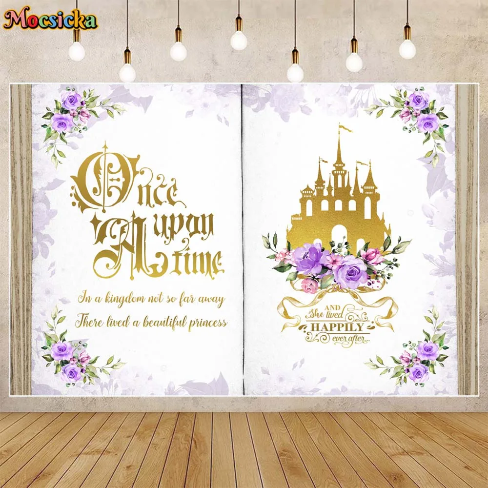 

Mocsicka Magic Book Baby Shower Backdrop Once Upon A Time Girl Welcome Party Decor Gold Castle Photography Background Photoshoot