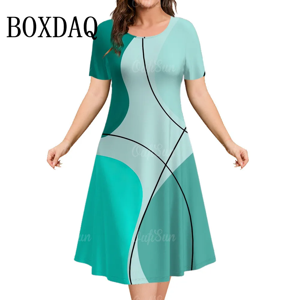 Woman Clothing Women‘S Short Sleeve Dress Loose Dresses 3d Stripes Printed Fashion Clothing Summer Casual Sundress A-Line Dress