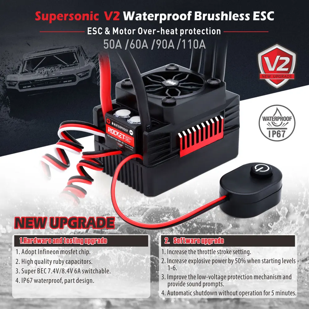 Surpass Rocket V2 Supersonic 50A 60A 90A ESC Waterproof Brushless Speed Controller with 5.8V/5A BEC for 3650 Motor 1:10 RC Car