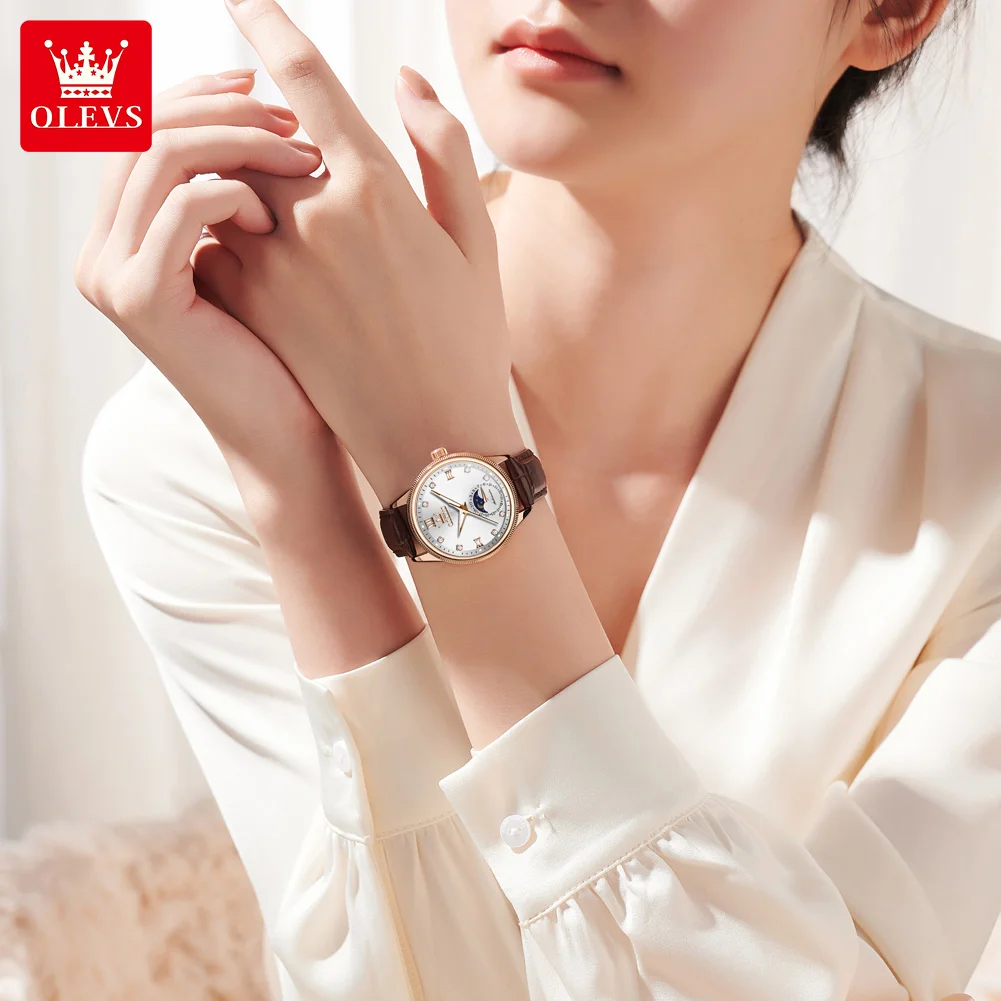 OLEVS 7039 Womens Watch Original Automatic Mechanical Wristwatch Leather Strap Reloj Mujer Waterproof Luminous Moon Phase Watch