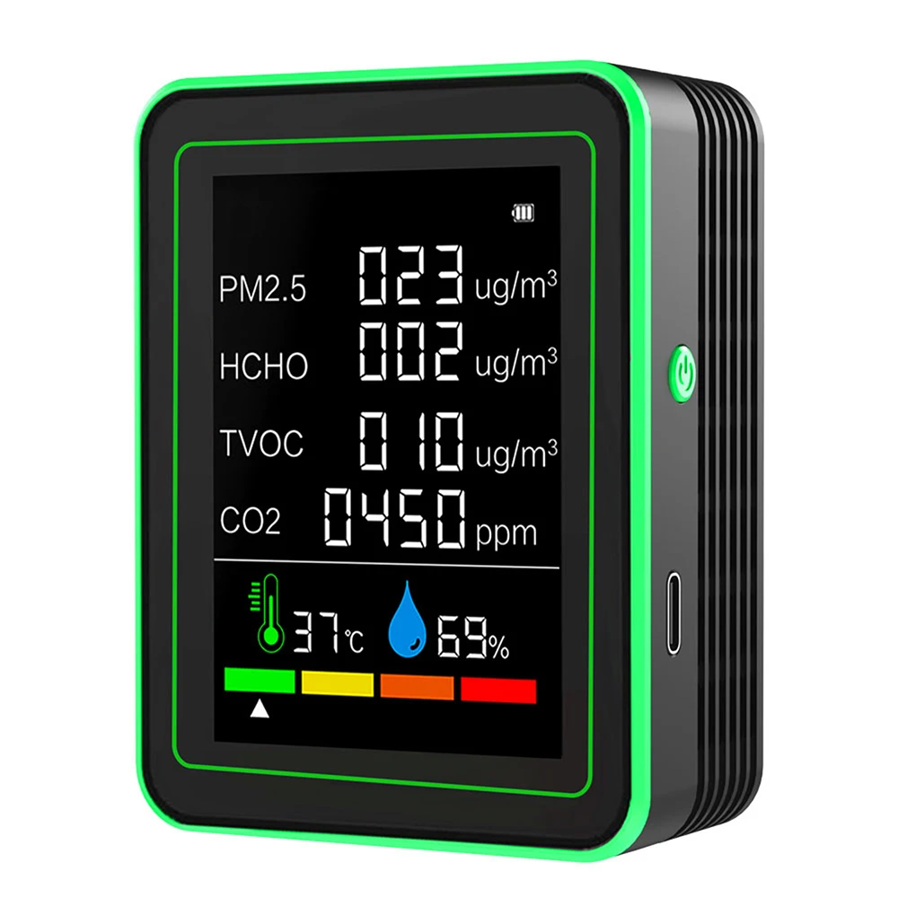 New 6-in-1 Carbon Dioxide Detector Formaldehyde Detection TVOC PM2.5 Temperature and Humidity CO2 Air Quality Monitor