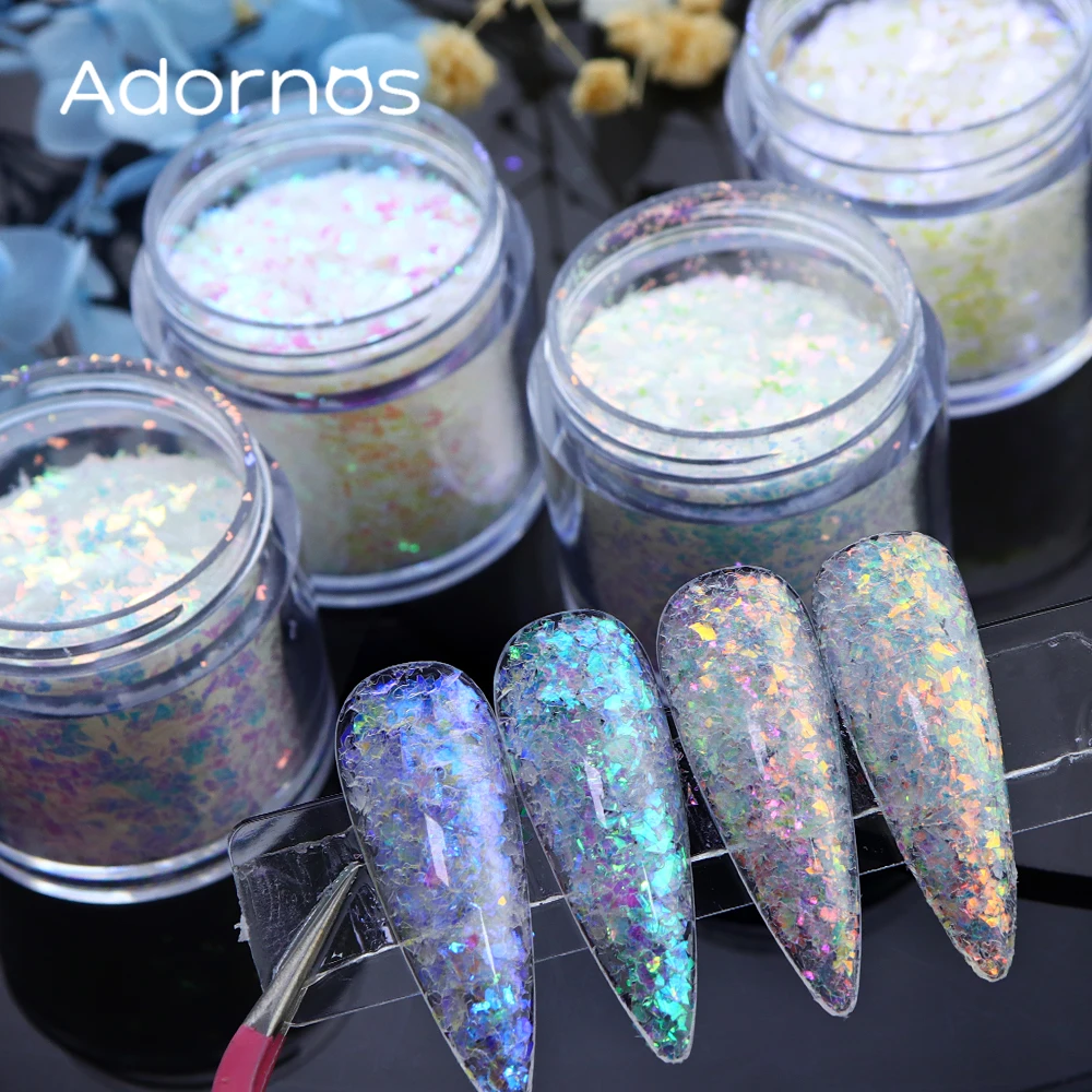 1Bottle White Iridescent Glitter Flakes Nail Art Decoration AB Mermaid Fragments Aurora Sequins For Nail Design Irregular Flakes