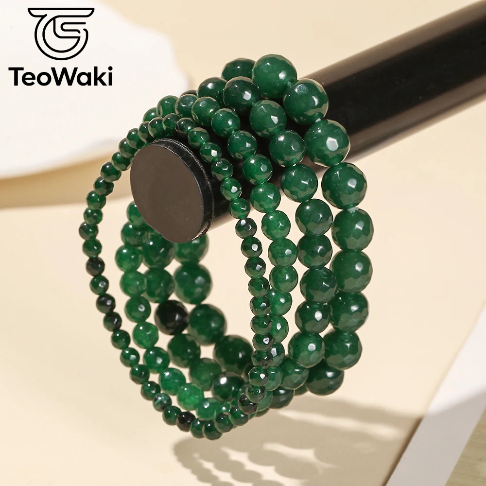 TeoWaki 4/6/8/10mm Natural Green Jade Stone Beaded Elastic Bracelet Relieve Pressure and Negative Emotions for Women Men 19cm