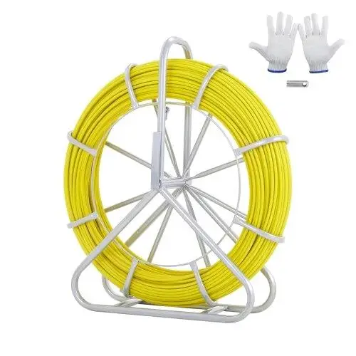 600ft Fiberglass Fish Tape, 5/16in Duct Rodder Wire Puller with Steel Reel, 3 Heads - Non-Conductive Cable Fishing Tools for