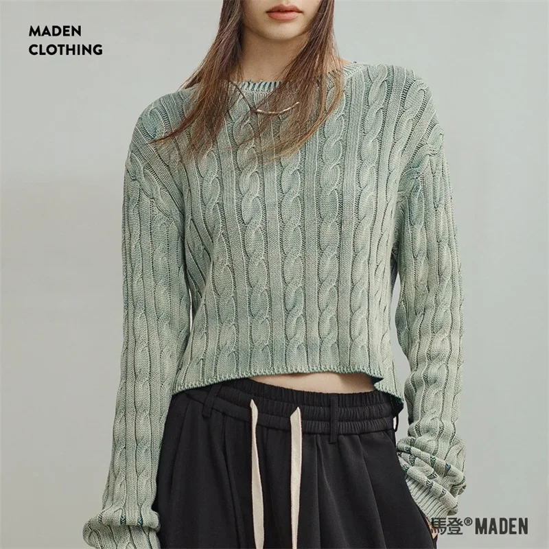 Maden New Cotton Round Neck Retro Gradient Knit Sweater Short Knitted Pullover Casual Versatile Warm Tops for Women's Autumn