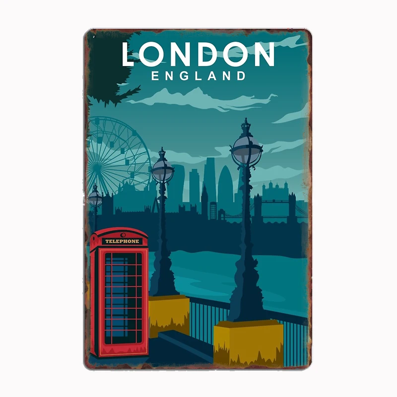 

London Travel Poster with The Skyline and More Metal Print Sign Garage Room Cinema Living Custom Tin Vintage Home Decor