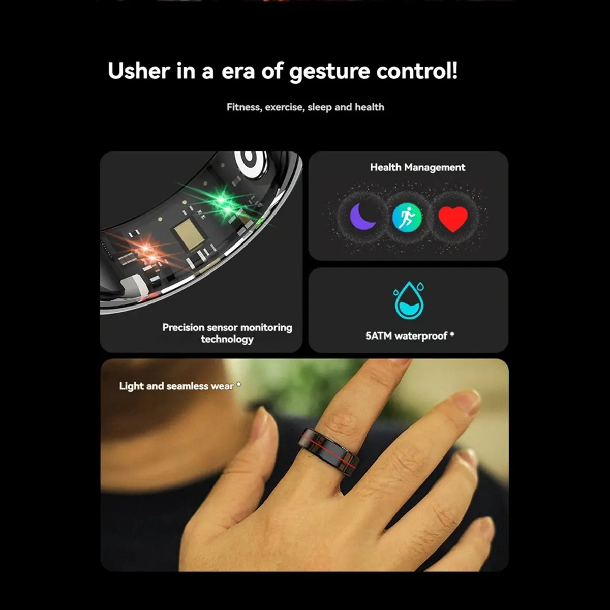 A956R HOT~Smart Ring Heart Rate Blood Oxygen Monitor Sleep Stress Detection Multisport Modes Fitness Tracker with GestureControl