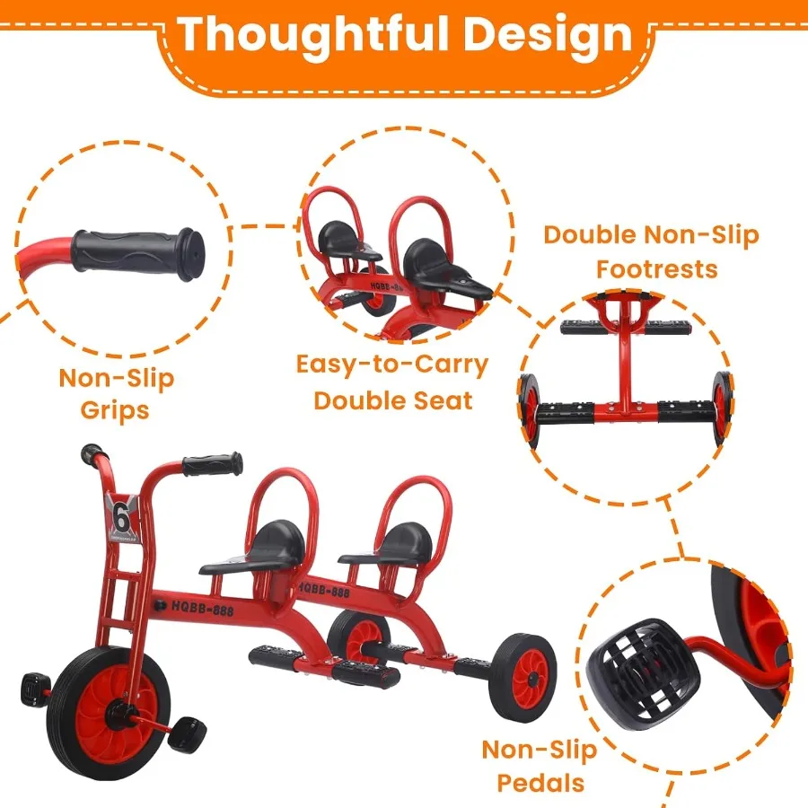 3歳から8歳向けの三輪車、ダブルトライクバイク、幼稚園、保育園、屋外用タンデムバイク、エアレスゴムタイヤ、二人乗り、滑り止め付き