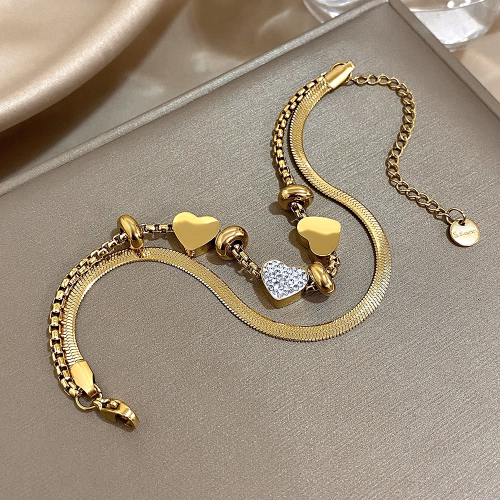 Greatera Women\'s Multiple Bracelet Personality Double-deck Chain Love Pattern Couple Gift Gold Color Stainless Steel Jewelry New