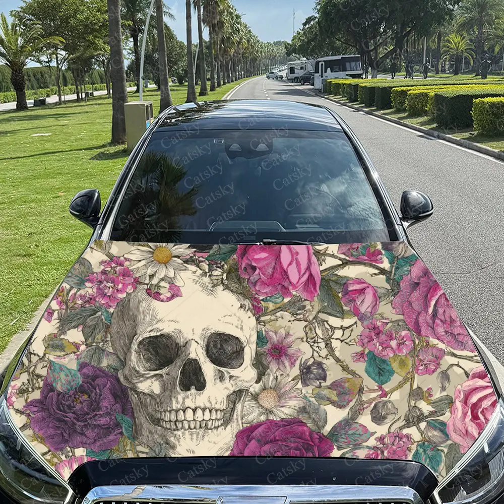 Car Decal Gothic Culture-Inspired Combination of Skull and Multicolored Pink Floral Elements Car Hood Sticker, Waterproof Self -