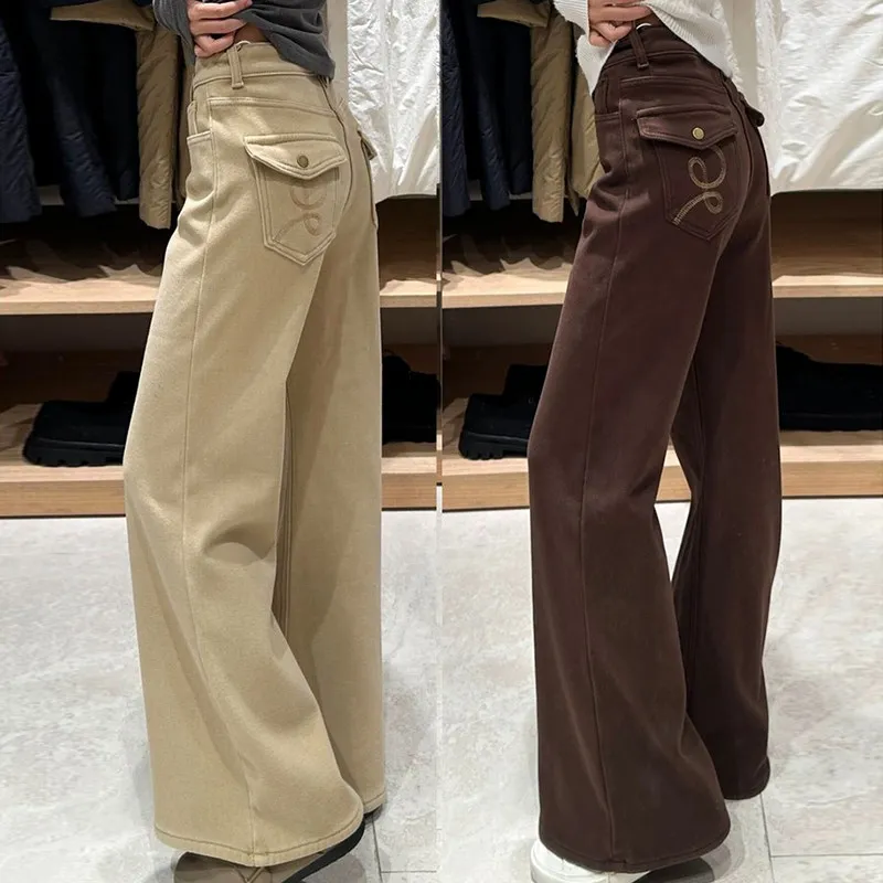 Autumn Coffee Color Embroidered Slim Fit Jeans High Waist Zipper Cotton Stretch Denim Medium Softness Wear Resistant Ladies