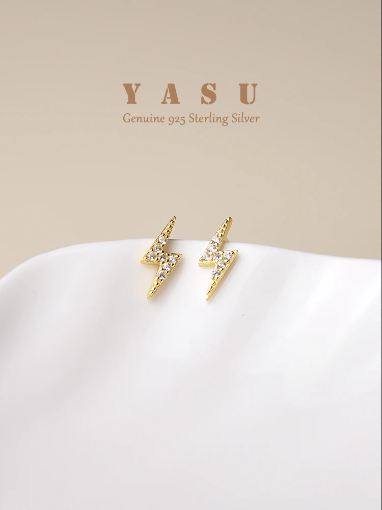 Yasu 925 Sterling Silver Mini Diamond Lightning Stud Earrings For Girls Shiny Exquisite Student Piercing Ear Jewelry Accessories