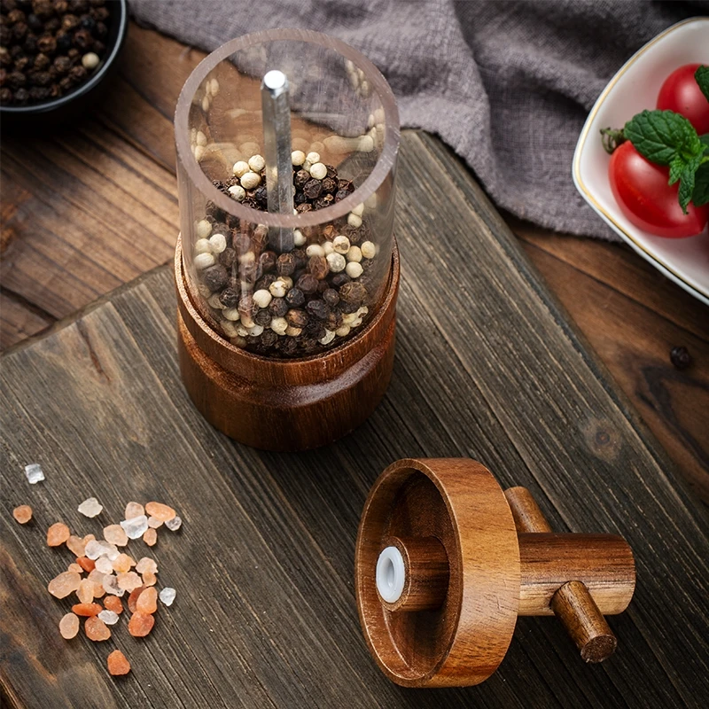 Natural acacia Wood Salt Pepper Mill Manual Abrader Refillable Adjustable Coarseness Manual Pepper Grinder
