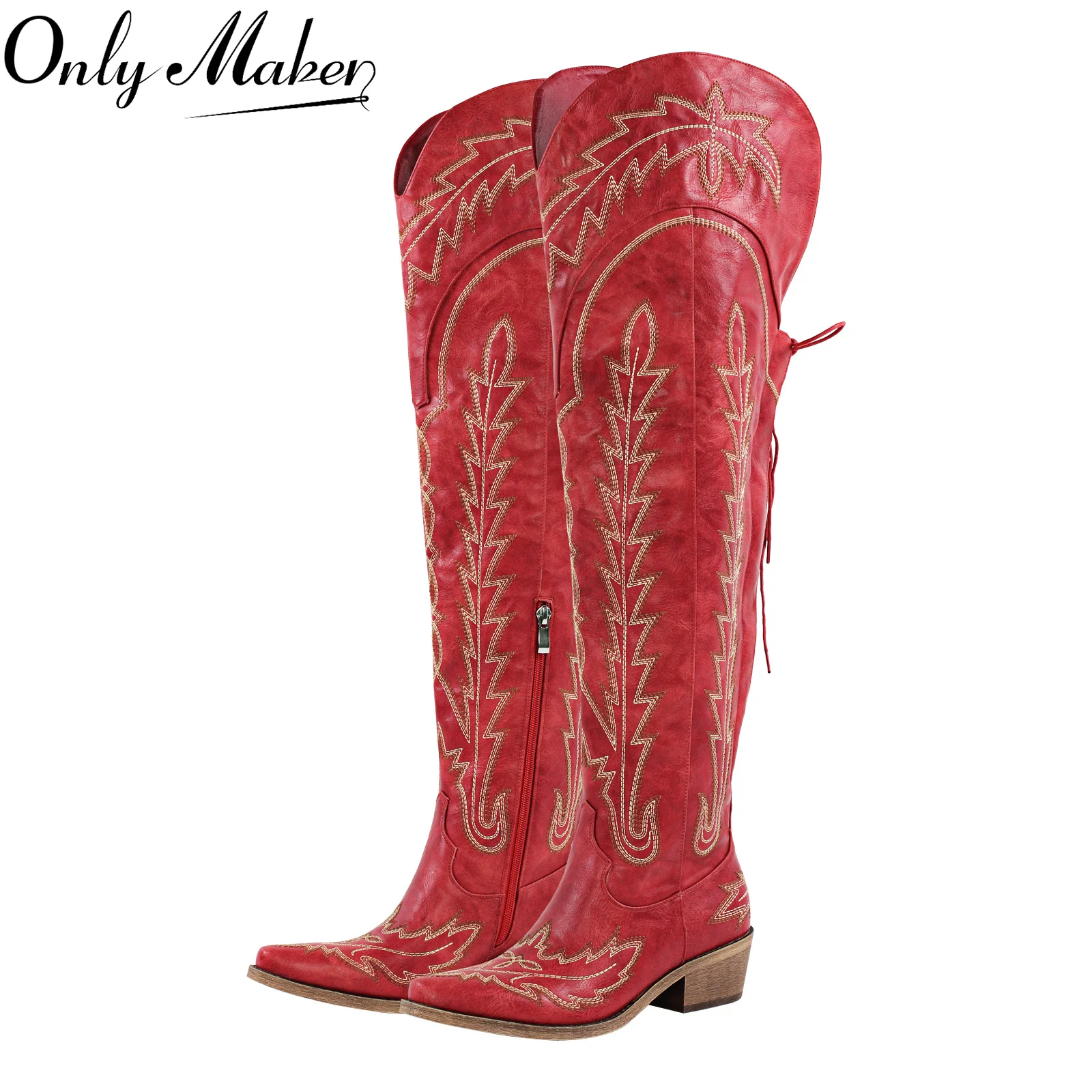 Onlymaker Women Thigh High Over the Knee Boots Red Cowboy Boots Side Zipper Western Embroidery Boots